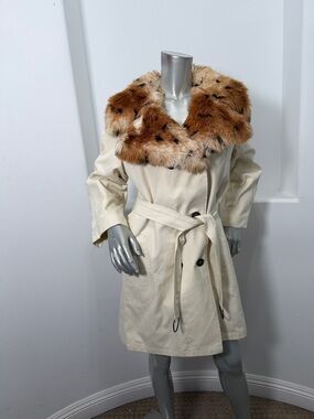 Vintage 60s-7os  Outer Banks Collection Cream Trench Coat Brown Faux Fur Collar